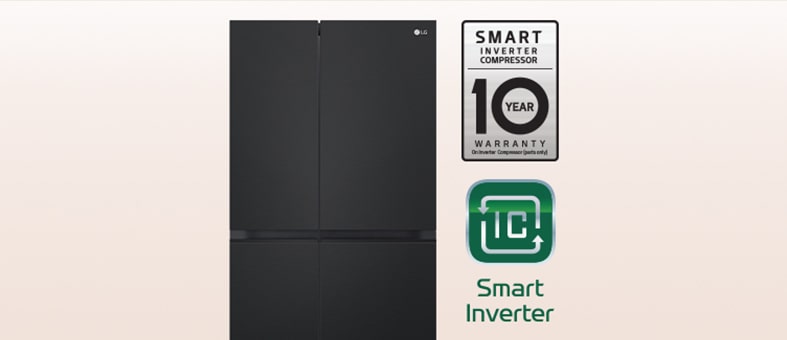 10 years warranty on the right side of the refrigerator, smart inverter logo	