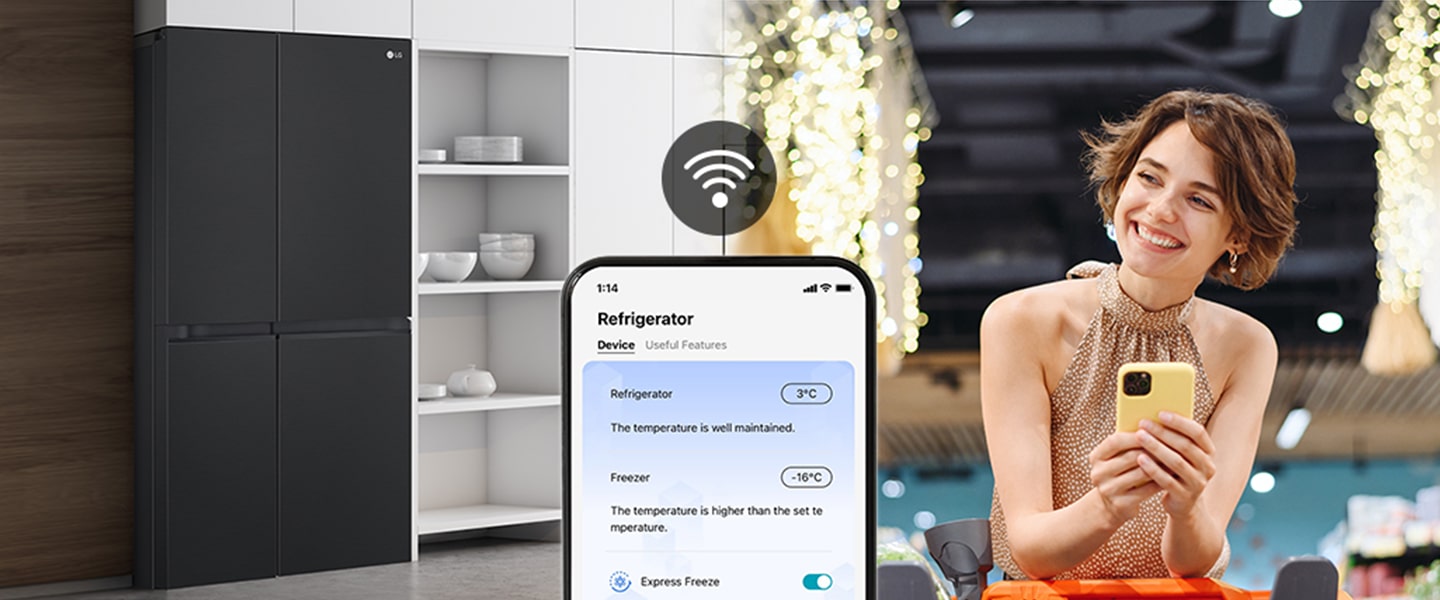 Image on the right shows a woman standing in a grocery store looking at her phone. Image on the left shows the refrigerator front view. In the center of the images is an icon to show connectivity between the phone and refrigerator.