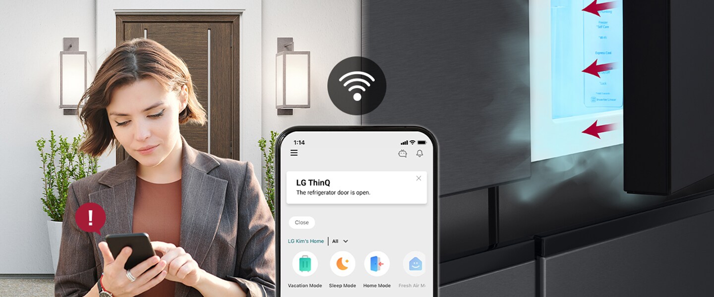 The image on the left shows a woman standing outside the house. The image on the right shows that the refrigerator door has been left open. In the foreground of the two images is the phone screen which shows the LG ThinQ app notifications and the Wifi icon above the phone.