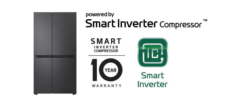 Product image with Smart Inverter Compressor? Logo and 10 year warranty Logo.	