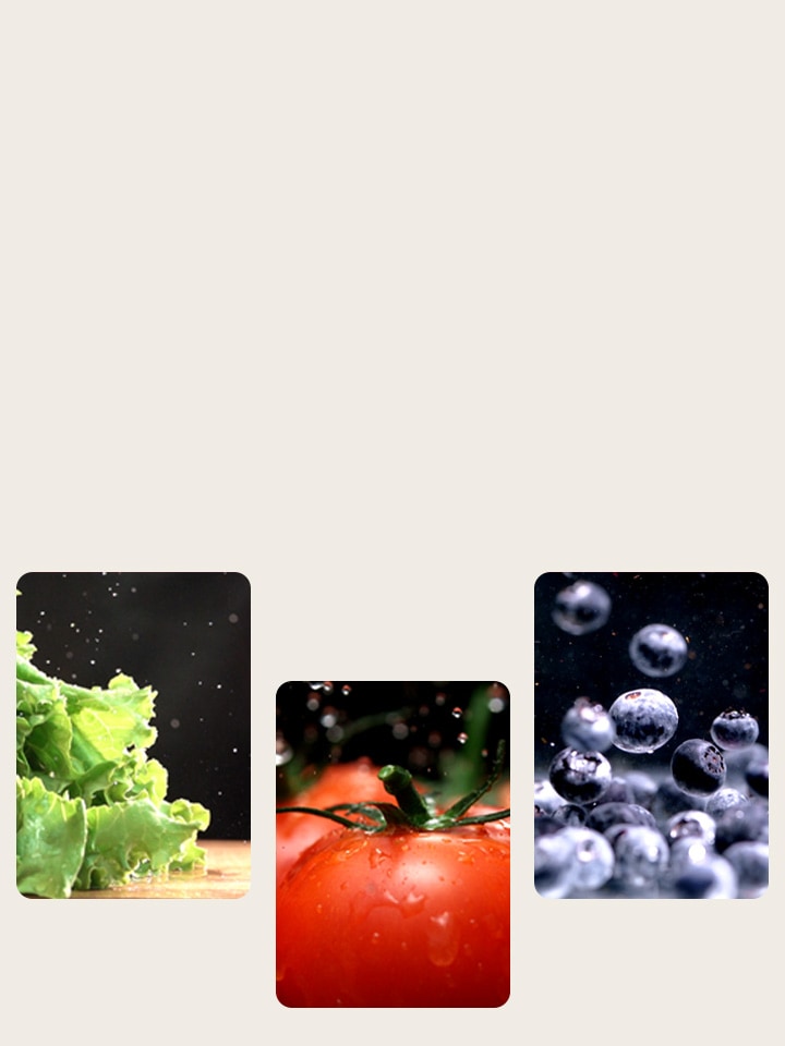 fruits and vegetables such as lettuce, tomatoes, and blueberries are freshly preserved in the lg top freezer refrigerator.	