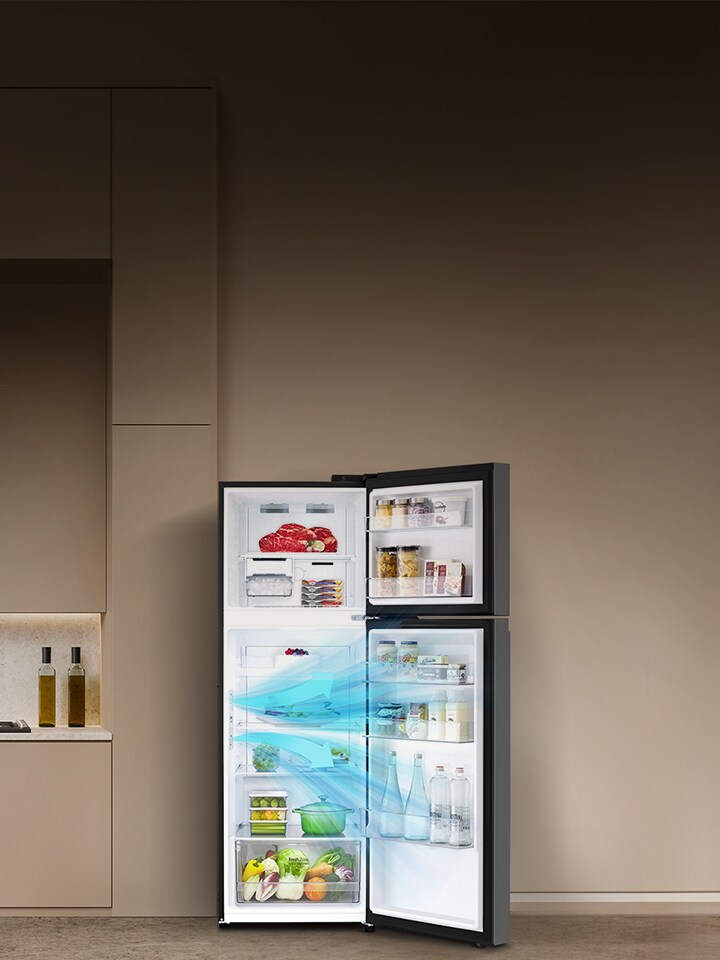 an open LG top freezer refrigerator stocked with various food items showing how the doorcooling feature works.