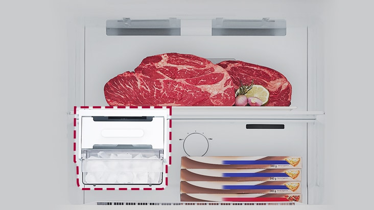 LG top freezer refrigerator's the removable ice tray provides extra storage capacity for large items such as stakes.	