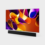 Slightly-angled left-facing side view of LG OLED evo TV, OLED G4 on the wall with the Soundbar below