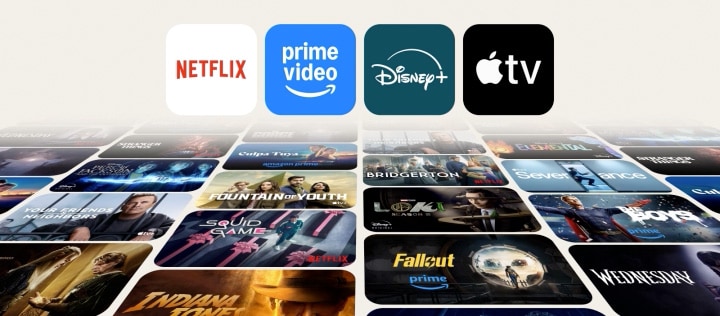 Animáció emeli ki az LG Smart TV-n lév? globális streaming platformok és m?sorok képeit ezzel utalva az elérhet?ségükre.