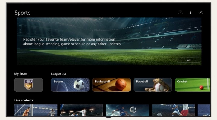 LG TV beállítási kép a Sports Portal interfészr?l. Lefelé g?rgetéssel kül?nb?z? sportcsatornák és tartalmak b?ngészhet?ek.