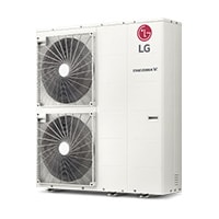 Egy téglalap alakú LG leveg?-víz h?szivattyú látható a képen, két ventilátorral a bal oldalon, felül és alul.
