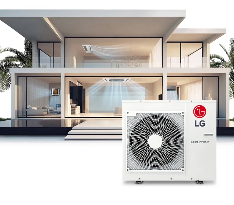 Egy kétszintes ház falán keresztül négy LG beltéri egység légáramlással kivehet?, kívül pedig egy LG Smart Inverter látható