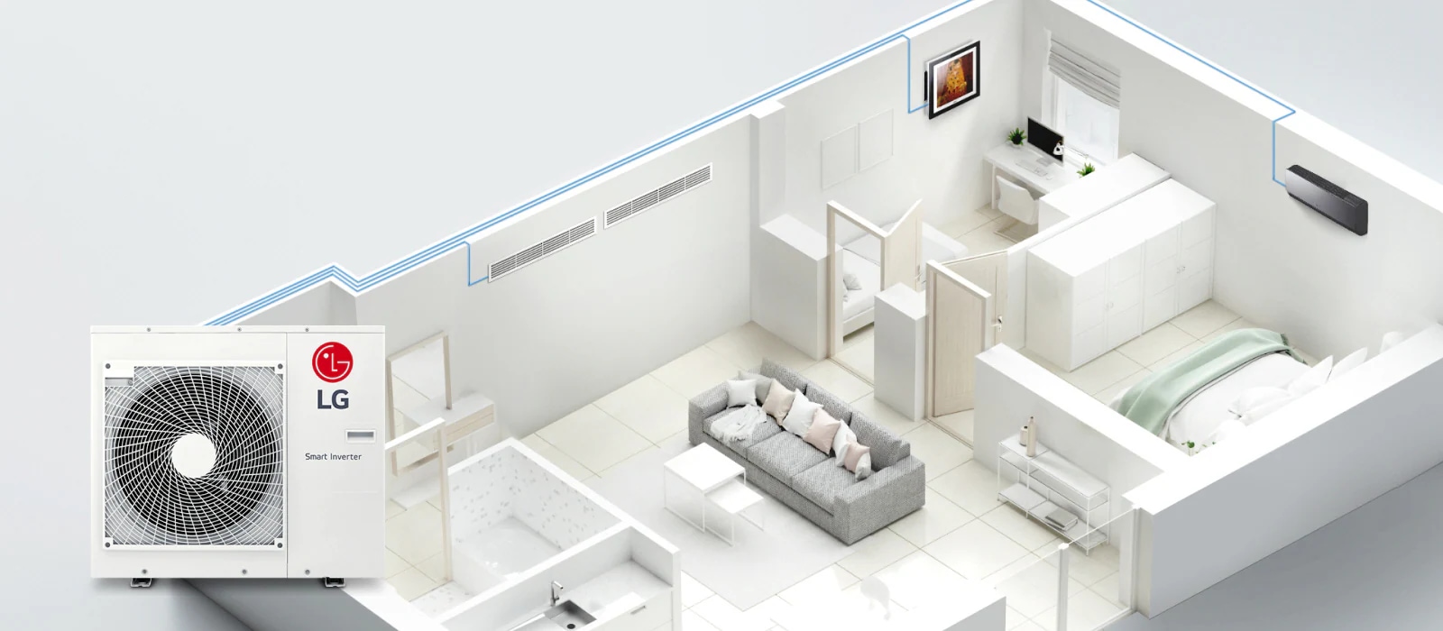 A ház metszetében egy LG Smart Inverter egység kék cs?vezetékei láthatók, amelyek minden szobában három beltéri egységet kapcsolnak ?ssze.