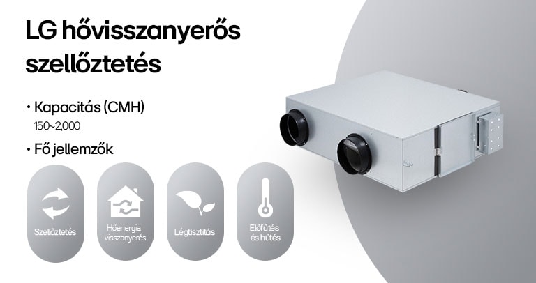 LG h?visszanyer?s szell?ztet? (ERV) rendszer légtisztítóval, energiavisszanyeréssel és szell?ztetéssel a hatékony légáramlásért.