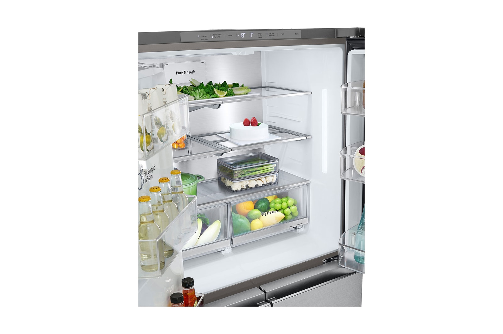 LG InstaView? Négyajtós h?t?szekrény DoorCooling??, Craft Ice? és ThinQ? technológia, 638L kapacitás, GMG960MBEE