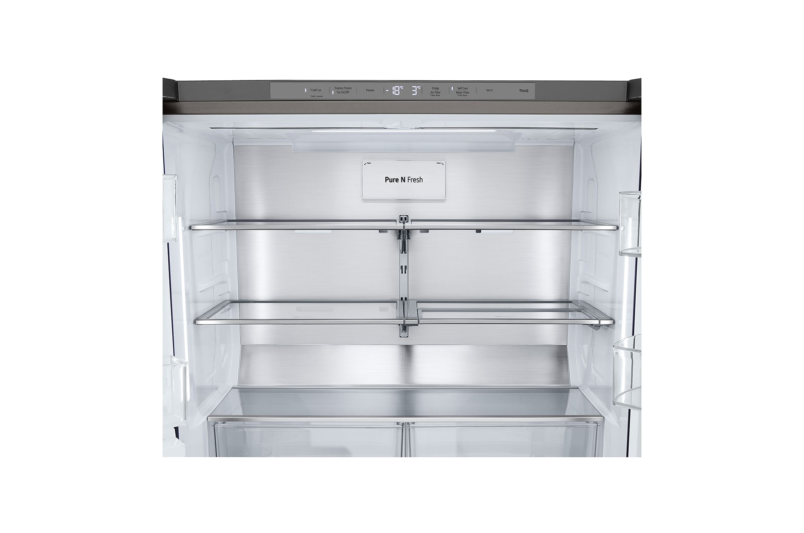 LG InstaView? Négyajtós h?t?szekrény DoorCooling??, Craft Ice? és ThinQ? technológia, 638L kapacitás, GMG960MBEE