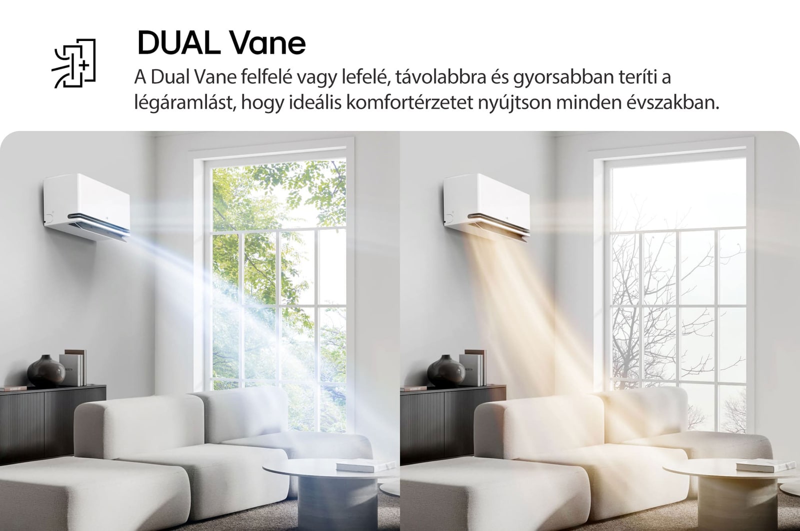 Az LG Dual Vane légkondicionáló egy nappaliban látható. A hideg leveg? a bal oldalon felfelé, a meleg leveg? a jobb oldalon lefelé áramlik. A kísér? sz?veg a k?vetkez?: ?A DUAL Vane két lapátos kialakítás felfele vagy lefele, távolabbra és gyorsabban teríti a légáramlást, hogy ideális komfortérzetet nyújtson minden évszakban.”