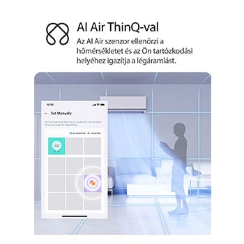Az LG AI Air technológia illusztrációja egy nappaliban, falra szerelt légkondicionálóval. A rendszer a szobah?mérséklet és a felhasználó tartózkodási helyének érzékelésével állítja be a légáramlást. A kísér? sz?veg a k?vetkez?: ?AI Air LG ThinQ-val: Az AI Air érzékeli a helyiség h?mérsékletét, és az ?n tartózkodási helye alapján állítja be a légáramlást a komfortérzet érdekében.”