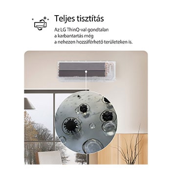 Az LG klímaberendezés Teljes tisztítás funkcióját bemutató kép. A képanyag a bels? tisztítási folyamatot emeli ki, egy k?zelképen pedig a szennyez?dések és baktériumok eltávolítása látható. A sz?veg így szól: ?Teljes tisztítás. Az LG ThinQ-val egyszer? a karbantartás, még a nehezen hozzáférhet? területeken is.”