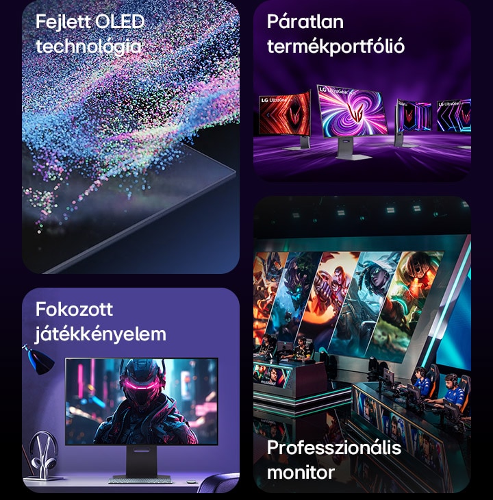 Az LG OLED gaming monitor legfontosabb jellemz?it bemutató kép – Fejlett OLED technológia, Páratlan termékportfólió, fokozott játékkényelem, professzionális monitor.