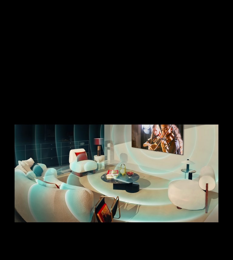 Bekapcsol egy világos, modern nappaliban egy falra szerelhet? LG AI TV. Rácsvonalas grafika borítja be az egész helyiséget, ami aztán elhalványul, és neon k?rgrafikát bocsát ki a tévé.