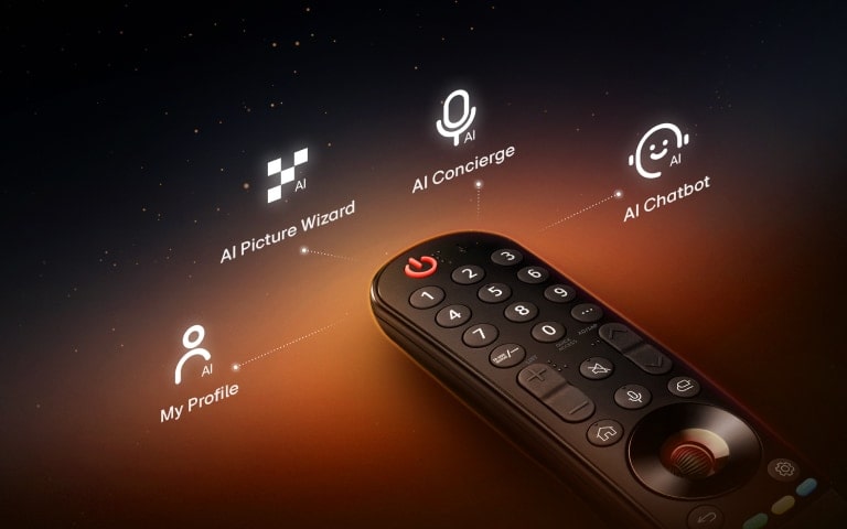 Egy LG Magic Remote távirányító fekete alapon és lágy narancssárga fény nyúlik ki el?lr?l. A Magic Remote távirányító k?rül négy feliratos ikon jelenik meg, amelyeket vékony szaggatott vonalak k?tnek ?ssze: My Profile, AI Picture Wizard, AI Concierge és AI Chatbot.