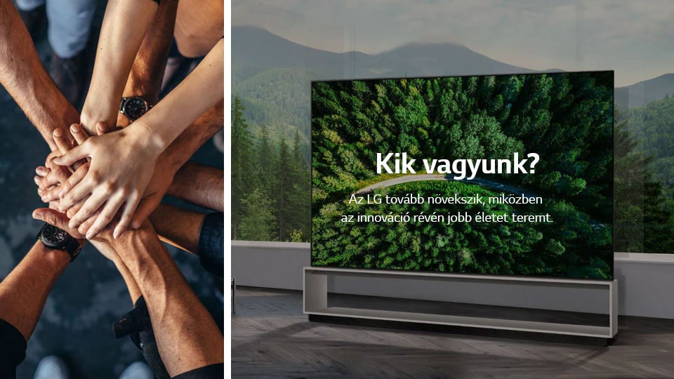A bal oldalon néhány ember látható kéz a kézben A jobb oldalon egy TV áll erd?s háttér el?tt. A sz?veg: ?Kik vagyunk? Az LG tovább n?vekszik, mik?zben az innováció révén jobb életet teremt.”