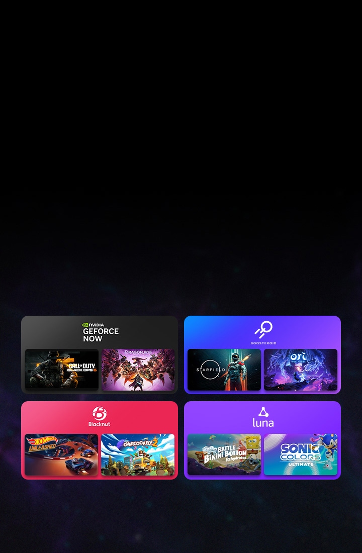 Népszer? felh?alapú platformok s játékok ikonjai láthatóak pl.: GeForce NOW és a Boosteroid, amelyek az LG Gaming Portálról.