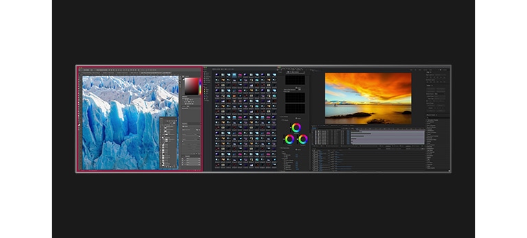 Az animáció kifejez? módon mutatja be a 49”-os, 32 : 9-es képarányú dupla QHD (5120 x 1440) monitort a 29”-os, a 34”-os, a 38”-os és a 39,7”-os monitorokhoz képest.