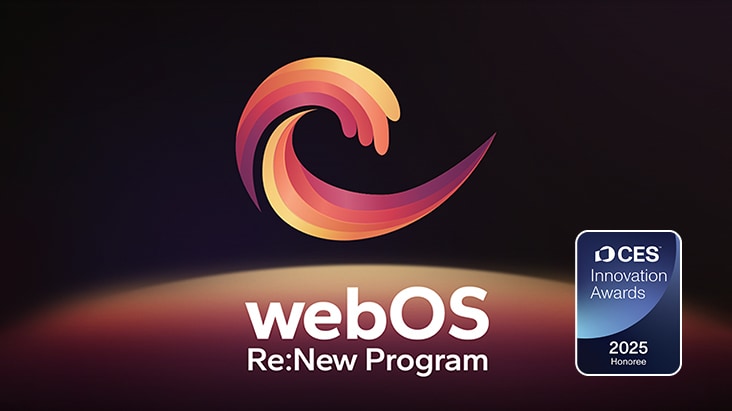 webOS Re:New Program logó és név, mellette a CES Innovation Awards 2025 Honoree jelvénnyel. 