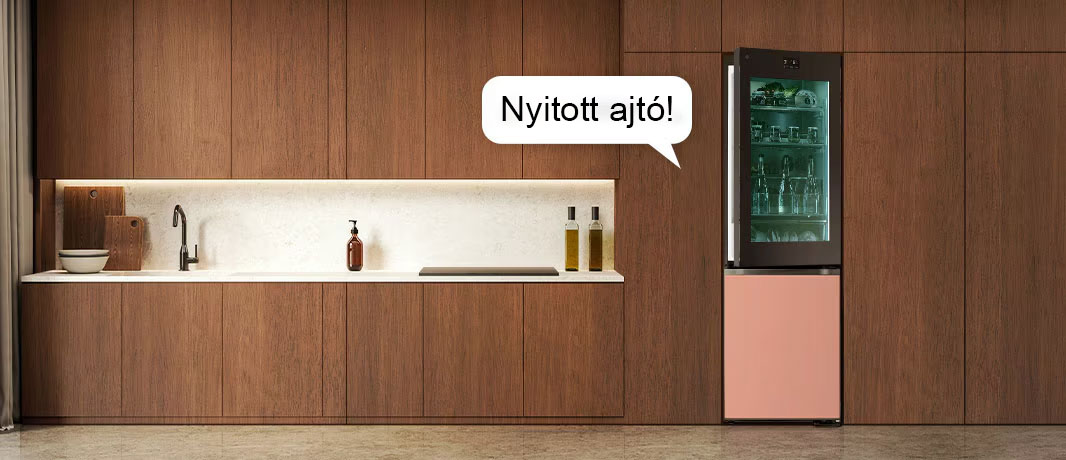 A képen a h?t?szekrény ajtaja résnyire nyitva van hagyva, ezt egy sz?vegbuborék is jelzi.