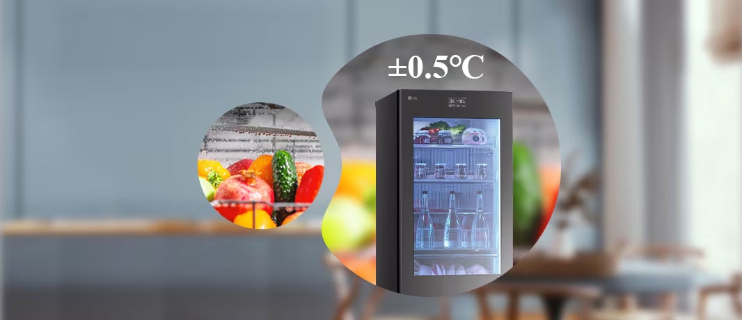 A képen sz?vegbuborékban látható a h?t?szekrény fels? része, f?l?tte plusz vagy mínusz 0.5 celsius fok felirattal és z?ldségek.