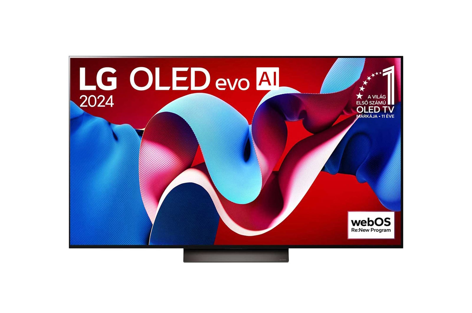 LG OLED evo AI TV, OLED C4 el?lnézete, 11 Years of world number 1 OLED embléma és webOS Re:New Program logó a képerny?n
