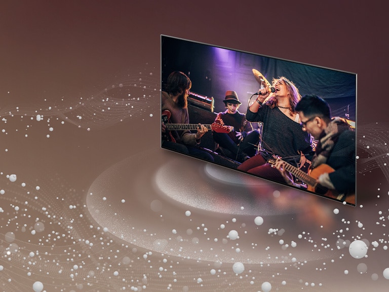 LG TV, amelynek a képerny?jér?l hangbuborékok és hullámok indulnak ki, és bet?ltik a teret.