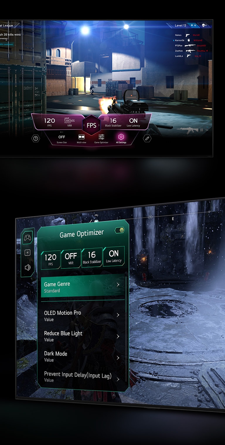 Egy FPS játékjelenetet látunk, ahol a játék k?zben a képerny? felett megjelenik a Game Dashboard. Egy s?tét, téli jelenet a játék felett megjelen? Game Optimizer menüvel.