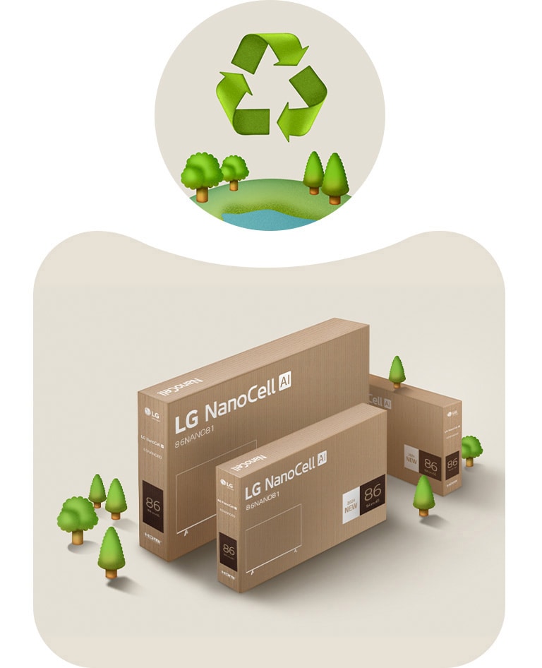 LG NanoCell csomagolás bézs szín? háttér el?tt, illusztrált fákkal.