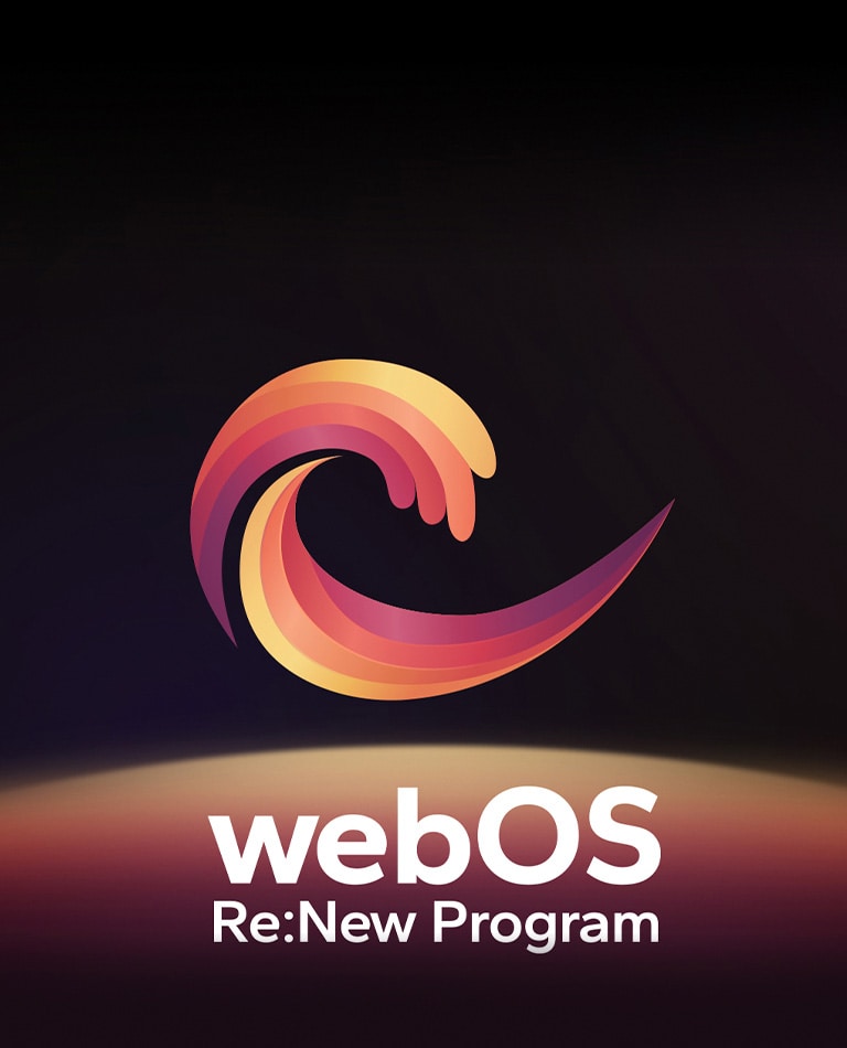 A webOS Re:New Program logó egy fekete háttér el?tt, alul egy sárga, narancssárga és lila forgó g?mbbel.