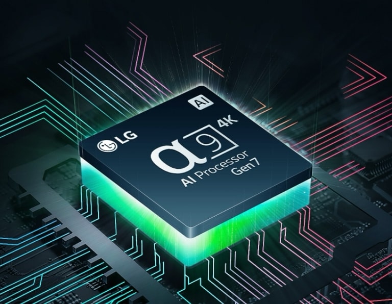 Az LG alpha 11 AI 4K processzora alig láthatóan a s?tétben. Az AI processzor lilán és rózsaszínen világít, és színes fénycsóvák l?vellnek ki bel?le. További sugarak jelennek meg az alaplapon, amelyek tovább nyúlnak, és csillagokra emlékeztet? fehér pontok jelennek meg, amelyek egy intergalaktikus látvány benyomását keltik.