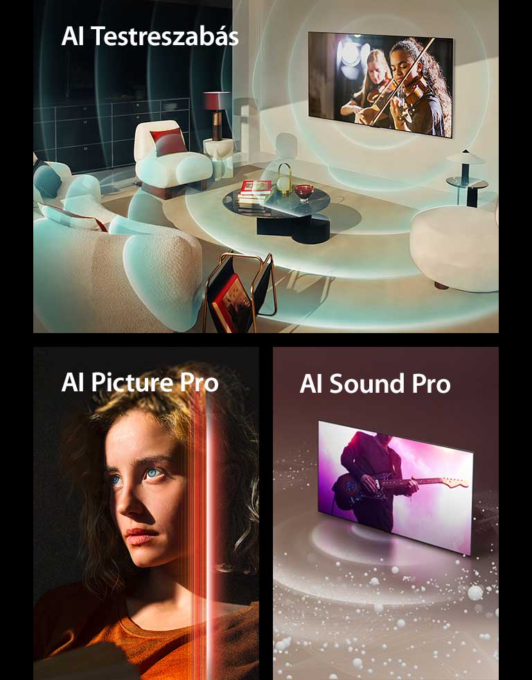 "LG OLED látható egy modern lakótérben, amely egy zenei el?adást jelenít meg a képerny?n. A személyre szabhatóságot jelképez?, k?r alakú kék hullámok veszik k?rül a tévét és a teret.  Egy n? átható kék szemekkel és égetett narancssárga fels?ben egy s?tét térben. A mesterséges intelligencia t?kéletesít? hatását ábrázoló v?r?s vonalak borítják az arc egy részét, amely világos és részletes, míg a kép t?bbi része tompának t?nik.   LG OLED TV, amelynek a képerny?jér?l hangbuborékok és hullámok indulnak ki, és bet?ltik a teret."
