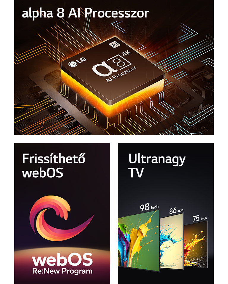 Az alpha 8 AI 4K processzor alulról sugárzó narancssárga fénnyel látható. Az ?Upgradeable webOS” (Frissíthet? webOS) és a ?webOS Re:New Program” szavak k?z?tt egy piros, sárga és lila spirális alakzat látható. LG QNED89, QNED90 és QNED99 televíziók balról jobbra beállított sorrendben. Mindegyik televízió egy színpompás foltot jelenít meg, és felettük az ?Ultra Big TV” (Ultra nagy TV) felirat látható.