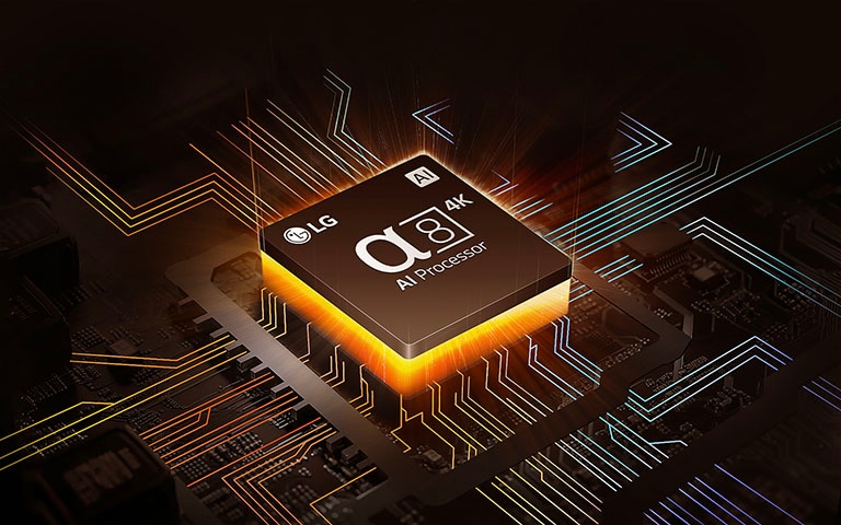LG alpha 8 AI 4K processzor alulról sugárzó narancssárga fénnyel és az AI processzorból kiágazó színes áramk?ri vezetékekkel.