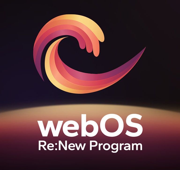 A webOS Re:New Program logó egy fekete háttér el?tt, alul egy sárga, narancssárga és lila forgó g?mbbel.