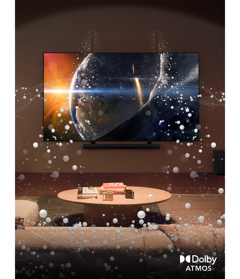 Egy nappali el?lr?l nézve. Egy átlátszatlan, fehér kupola t?lti be a szobát, és világos, k?r alakú grafikák veszik k?rül a szobát. Dolby Atmos logó látható a bal alsó sarokban.