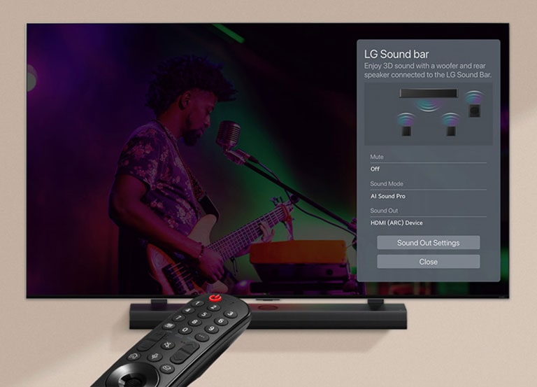 Egy távirányító képe az LG TV-re irányítva, ami a képerny? jobb oldalán a hangprojektor vezérlési beállításokat mutatja.