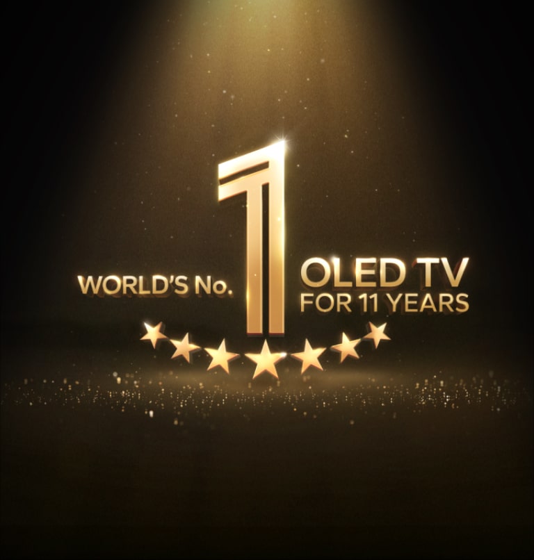 A világ els? számú OLED TV-je 11 éve arany embléma fekete háttér el?tt. Az emblémára reflektorfény világít, és arany absztrakt csillagok t?ltik ki a teret.  
