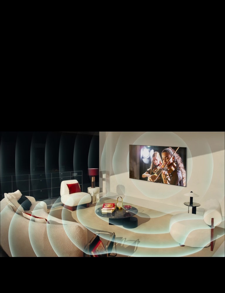 LG OLED TV egy modern lakásban. A kép f?l?tt egy rácsszerkezet jelenik meg, mintha a teret szkennelné, majd a képerny?r?l kék hanghullámok vetülnek ki, és t?kéletesen megt?ltik a helyiséget hanggal.