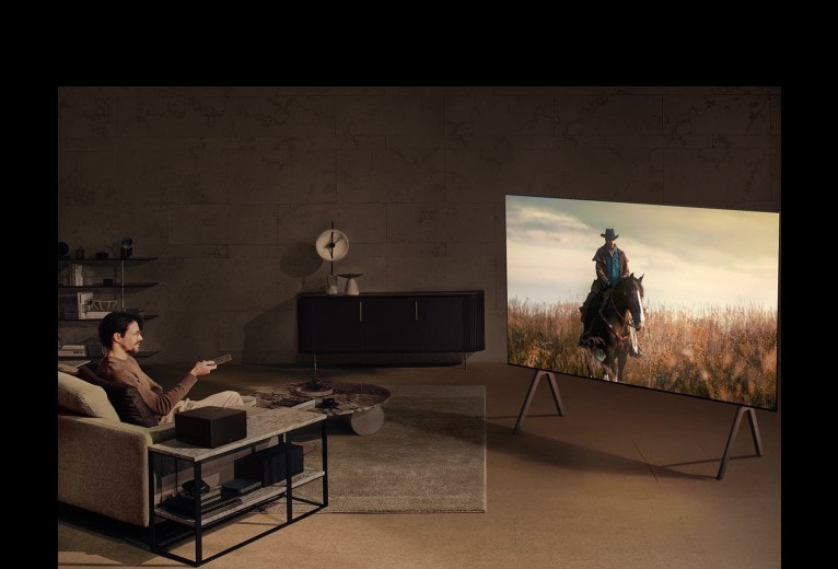 Egy férfi este cowboyfilmet néz a kutyájával egy hangulatos nappaliban. Nincsenek kábelek a falra szerelt LG OLED TV k?rül, a vezeték nélküli Connect Box pedig jól elfér egy oldalsó asztalon. 