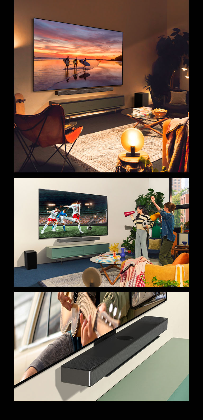 Tájképet mutató LG OLED evo C4 oldalsó profilképe egy laza és bohém stílusú nappaliban, meleg fényekkel.   Két n? egy világos és laza nappaliban nézi a focimeccset egy LG OLED evo C4 tévén és szurkolnak. Az LG Soundbar SC9 hangprojektor jól illeszkedik a tévéhez.   A Synergy konzol segítségével egy LG Soundbar SC9 hangprojektorhoz csatlakoztatott LG OLED evo C4 térbeli vágott nézete. 