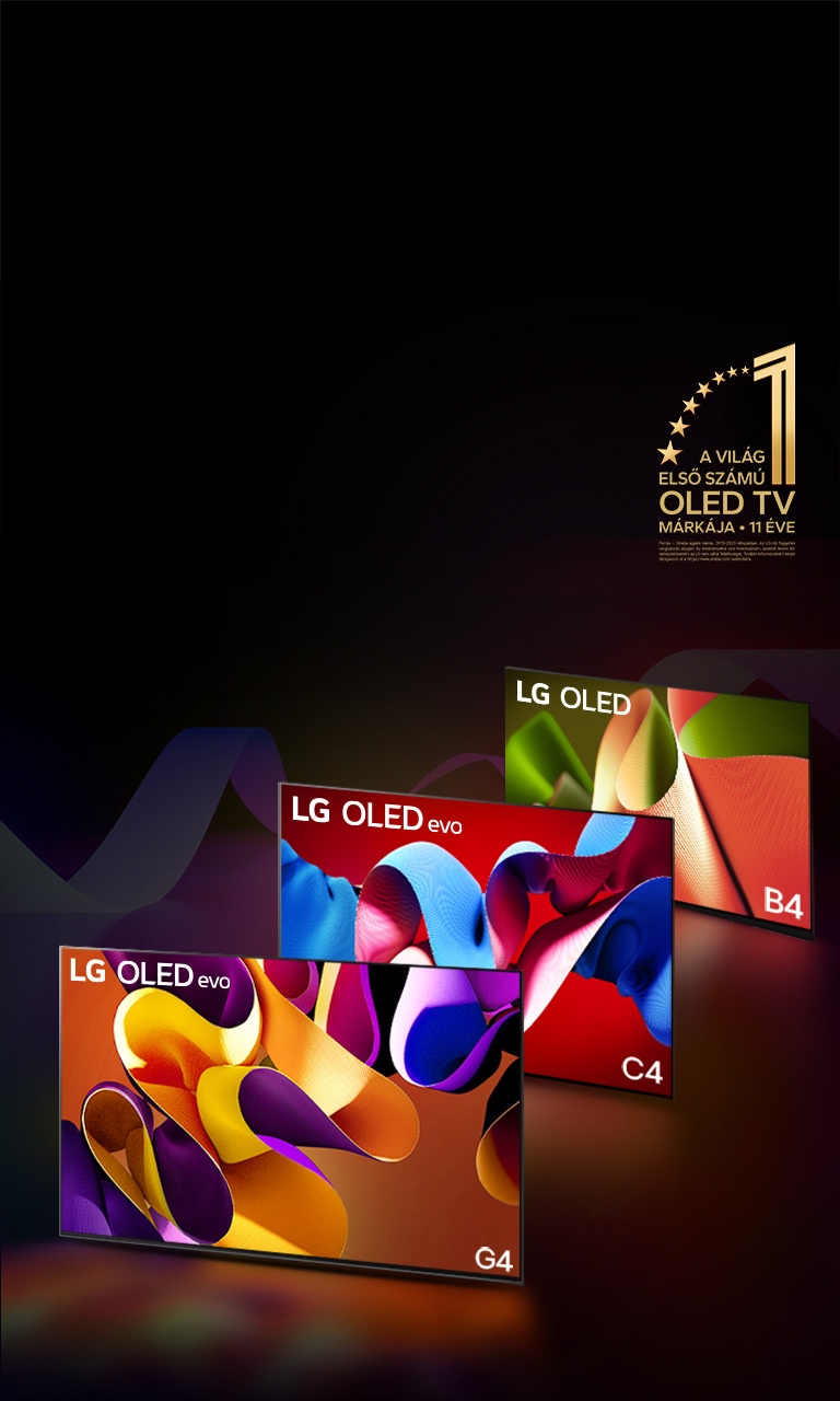 PC: LG OLED evo G4, LG OLED evo C4 és LG OLED B4 egymás mellett, mindegyikük más-más szín? absztrakt m?alkotást jelenít meg a képerny?n. Az egyes tévékészülékek fénye az alattuk lév? talajra vetül. A világ els? számú OLED TV-je 11 éve arany embléma látható a jobb fels? sarokban.  MO: LG OLED evo G4, LG OLED evo C4 és LG OLED B4 egy sorban, mindegyikük más-más szín? absztrakt m?alkotást jelenít meg a képerny?n. Az egyes tévékészülékek fénye az alattuk lév? talajra vetül. A világ els? számú OLED TV-je 11 éve arany embléma látható a jobb fels? sarokban.
