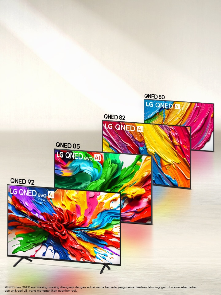 Jajaran empat TV LG QNED evo AI dalam formasi, TV QNED80, QNED82, QNED85, QNED92. 