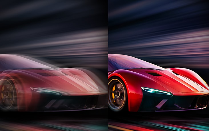 Perbandingan berdampingan antara game mobil balap dan perbedaan refresh rate. Di satu sisi, refresh rate lebih rendah sehingga mengakibatkan lebih banyak keburaman gerakan. Di sisi lain, refresh rate yang tinggi menampilkan mobil yang sepenuhnya dalam fokus.
