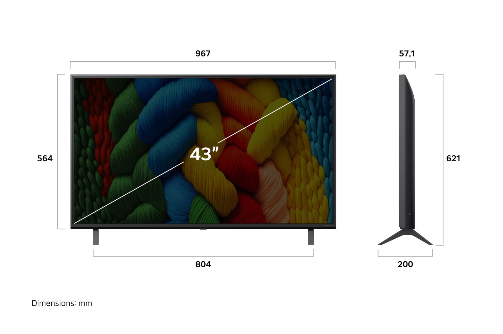 Tampak depan dan samping Smart TV 4K LG NanoCell NANO80 AI yang menunjukkan dimensi panjang, lebar, tinggi, dan kedalamannya.