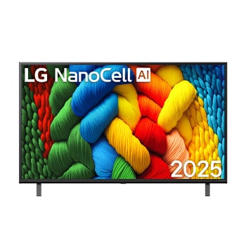 Tampilan depan NanoCell TV, Logo LG NanoCell Al di sudut atas. LG NanoCell NANO80 TV menggambarkan tekstur cat warna-warni yang menyatu.