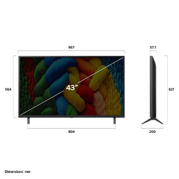 Tampak depan dan samping Smart TV 4K LG NanoCell NANO80 AI yang menunjukkan dimensi panjang, lebar, tinggi, dan kedalamannya.